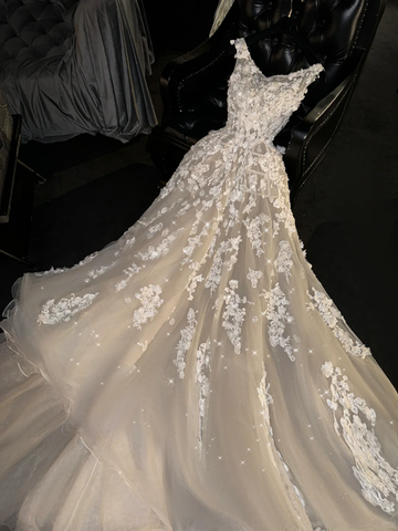 Shiny A Line V Neck White Appliques Tulle Long Party Dress Evening Dress HZ1023